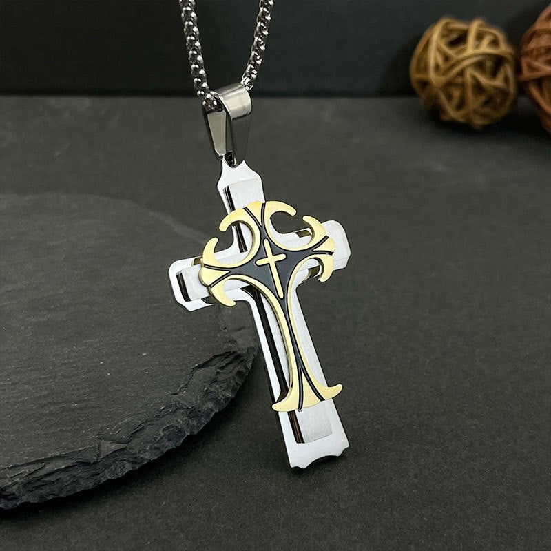 Stainless Steel Cross Pendant Necklace, 3D Vintage Fashion, 2.55" x 1.33" with 23.6" Chain, Stylish Religious Jewelry for Men and Women
