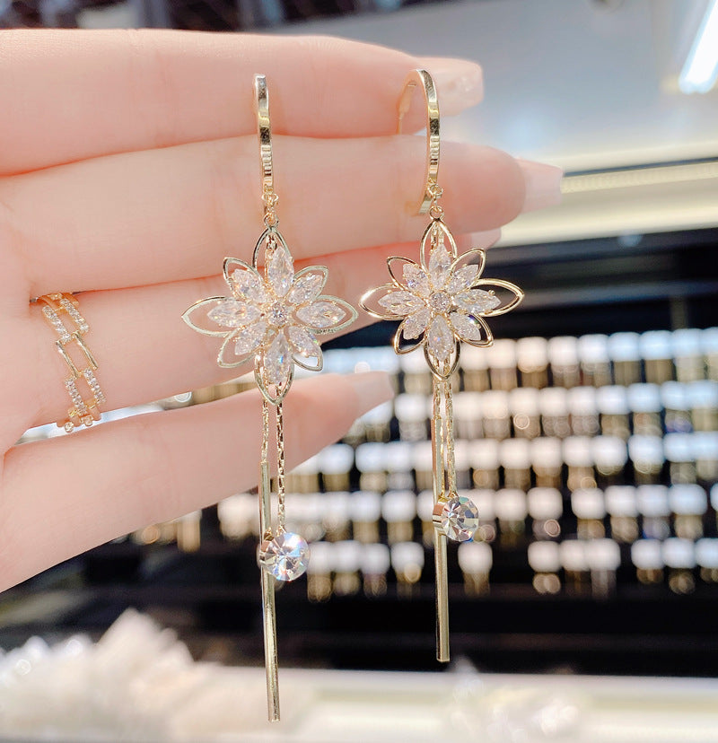 Temperament Flower Long Tassel S925 Silver Needle Earrings
