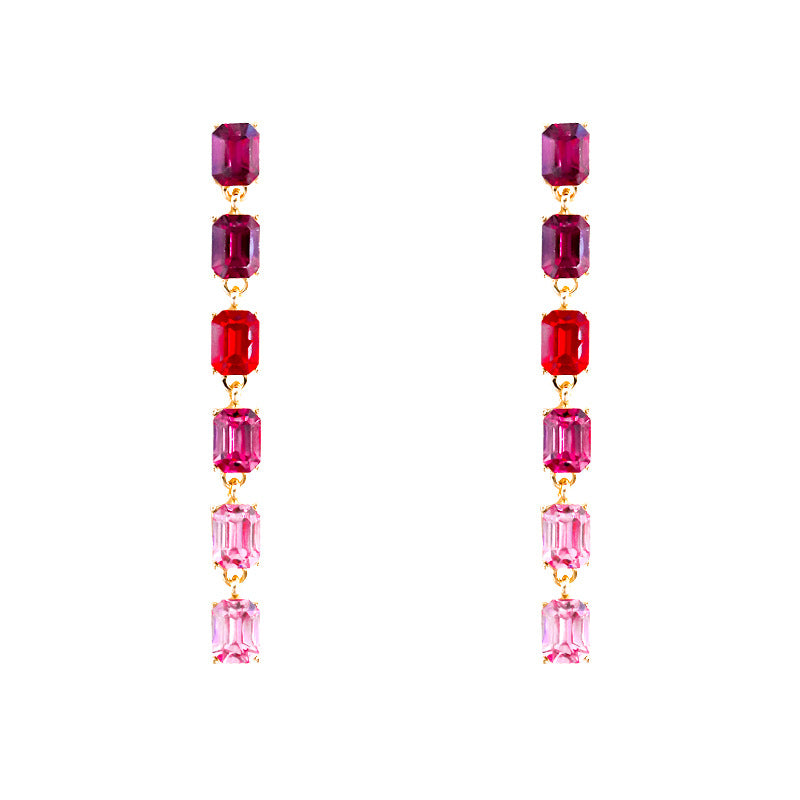 Multi-layered Rectangular Long Tassel Earrings with Colored Zircons