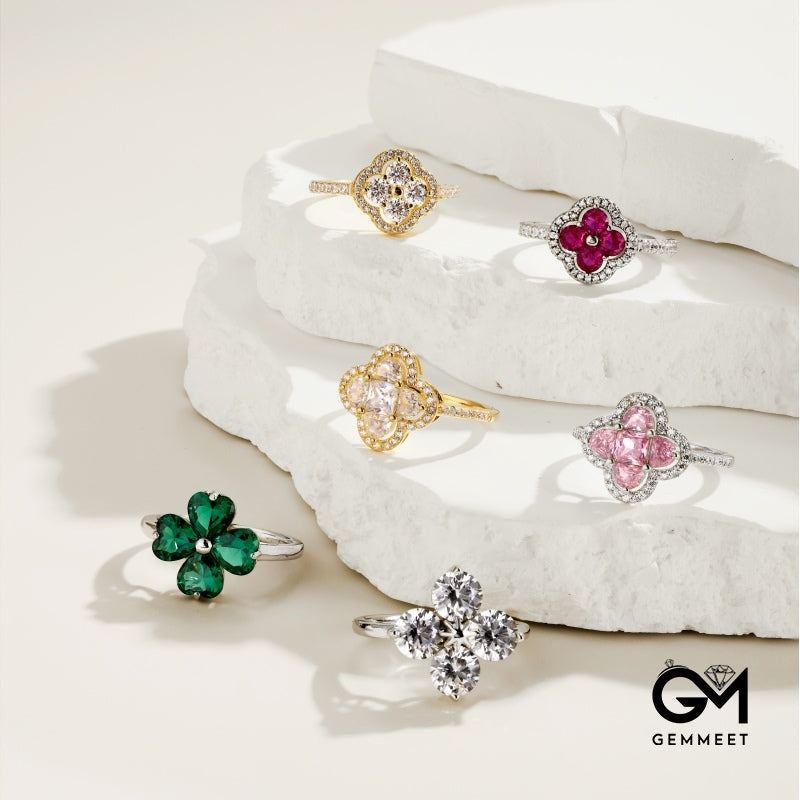 S925 Green Zircon Four-leaf Clover Octet Star Ring