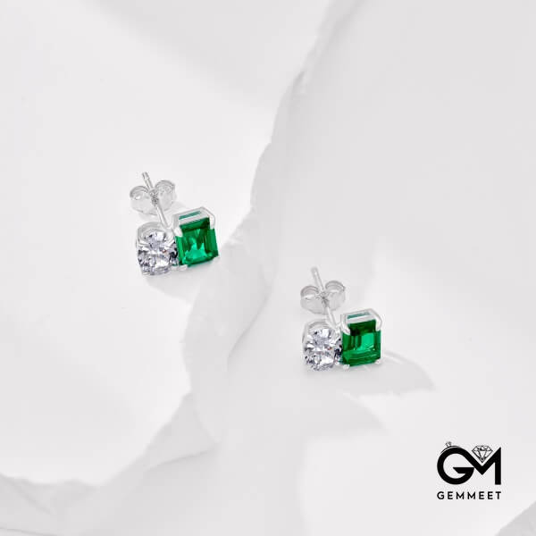 S925 Sterling Silver White Oval Green Rectangular Zircon Earrings