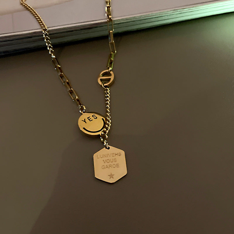 Fashion Personality Polygon Square Brand Smiley Face Titanium Steel Necklace