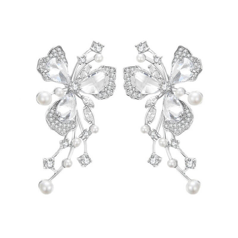 Light Luxury Full Diamond Flower Earrings New Trendy Exaggerated Temperament Butterfly Earrings Pearl Earrings