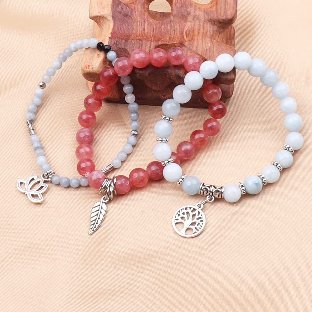 Life of Tree Lotus & Leaf Symbol Rose Quartz & Aquamarine Bracelet