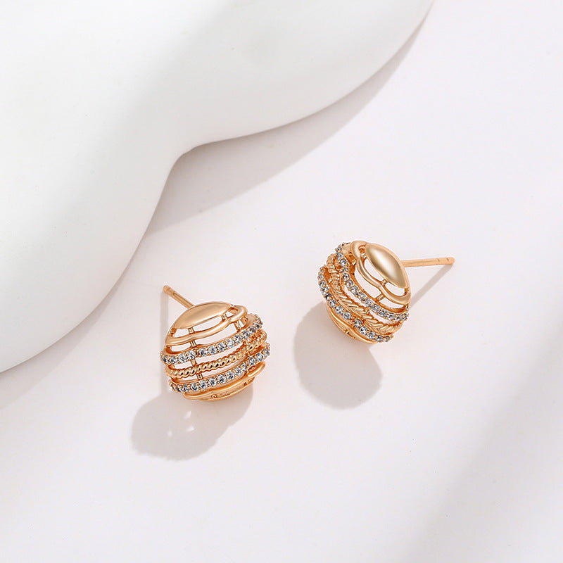 K Gold-plated Mesh Round Zirconium Stud Earrings