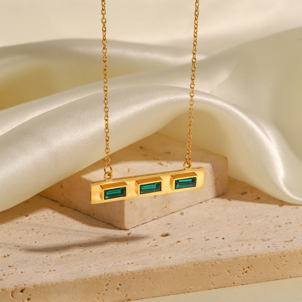 Stainless Steel Green Rectangular Zircon Necklace