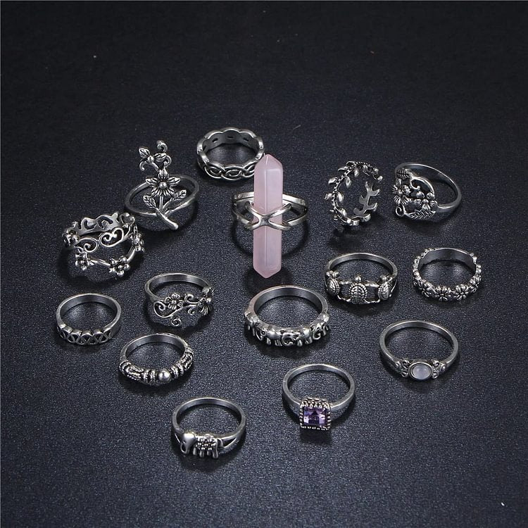 Alphabet Geometric Engraved Opal Knuckle Ring Set
