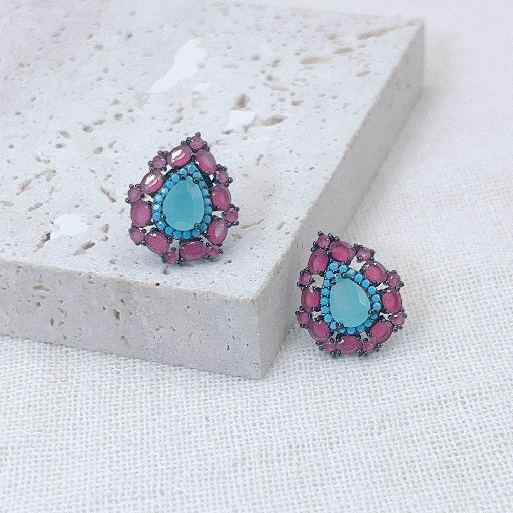 Turquoise Pear-Shaped Pink Zircon Inlaid Earrings