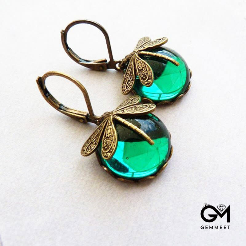 Vintage Green Dragonfly Crystal Earrings