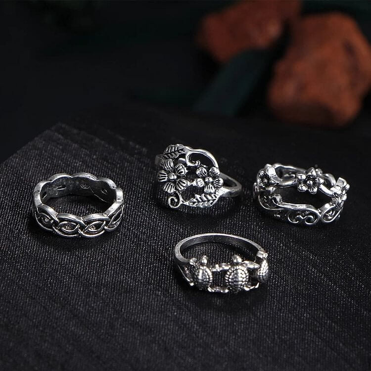 Alphabet Geometric Engraved Opal Knuckle Ring Set