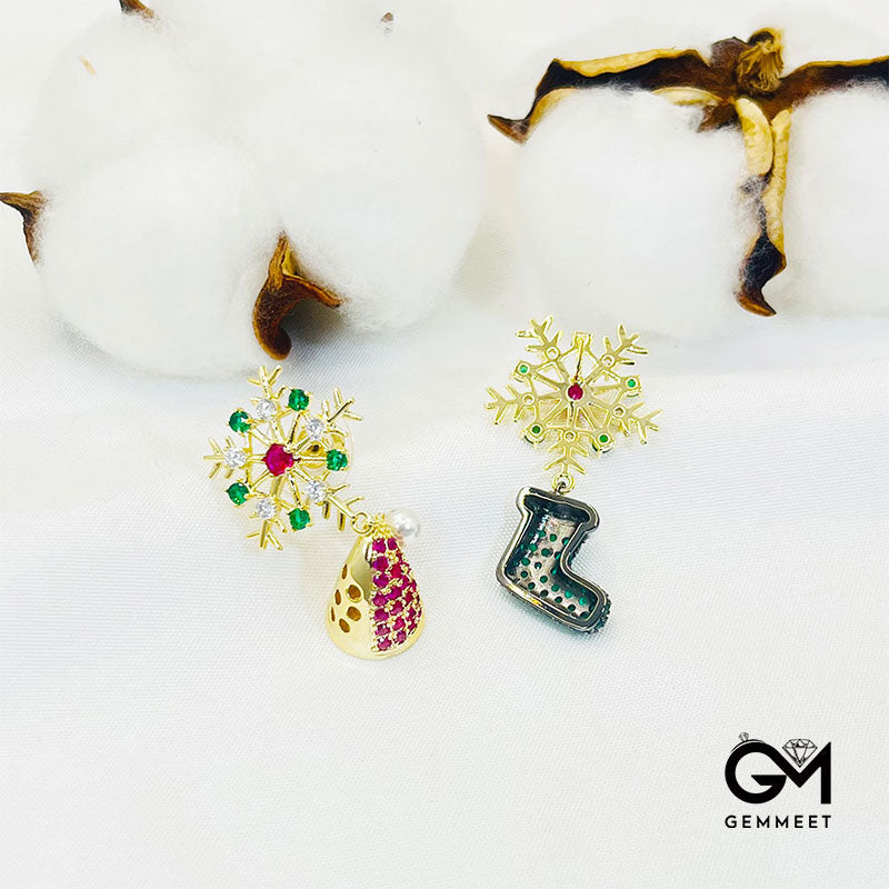 Christmas Gift S925 Silver Needle Snowflake Boots Hat Colorful Zircon Earrings