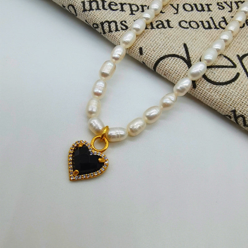 Light Luxury Niche Black Diamond Love Freshwater Pearl Necklace