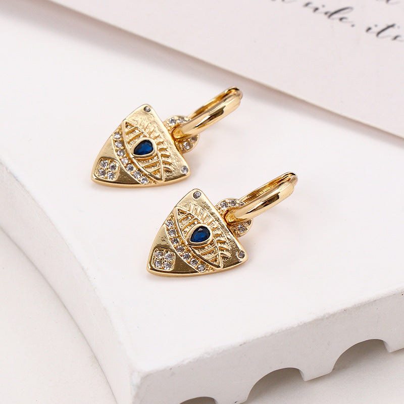 Triangular Devil's Eye Copper Inlaid Zirconia Earrings