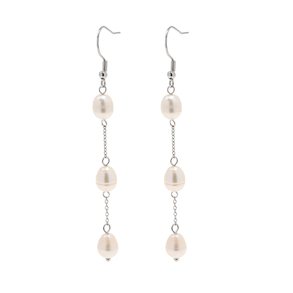Stainless Steel Pearl Tassel Earrings