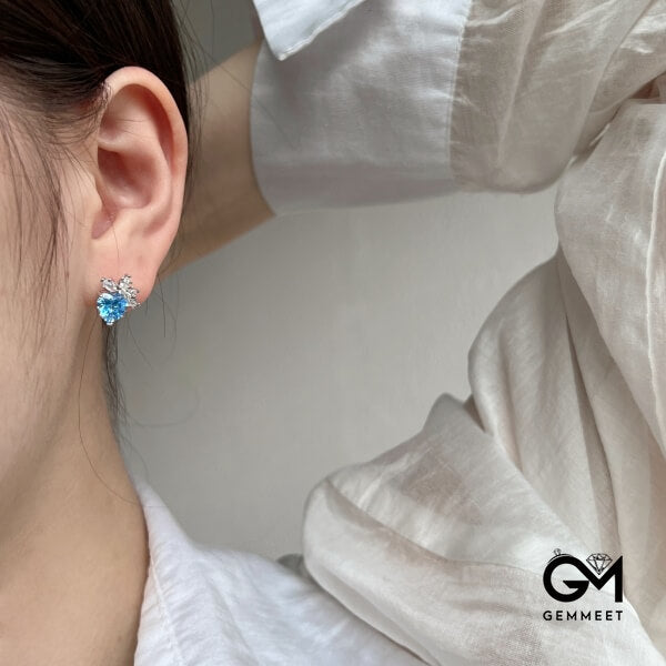 S925 Sterling Silver Sea Blue Heart Stud Earrings