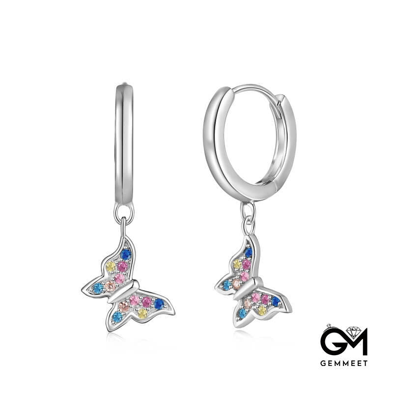 S925 Sterling Silver Colored Round Zircon Butterfly Earrings