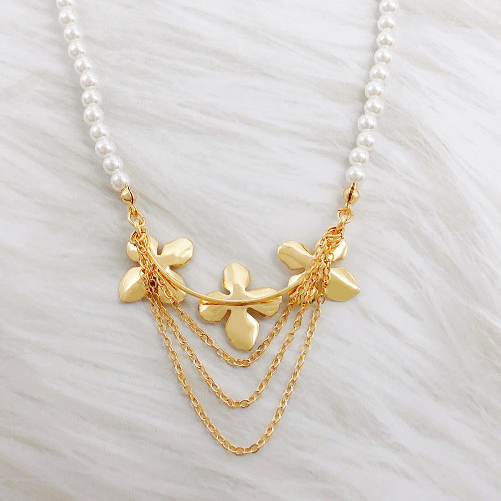 Metallic Microinlay Flower Pearl Necklace