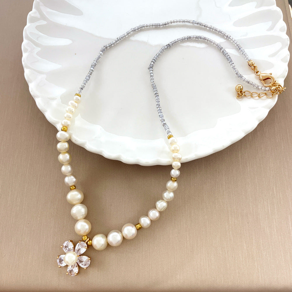 Copper Plated Gold Zircon Flower Pearl Necklace