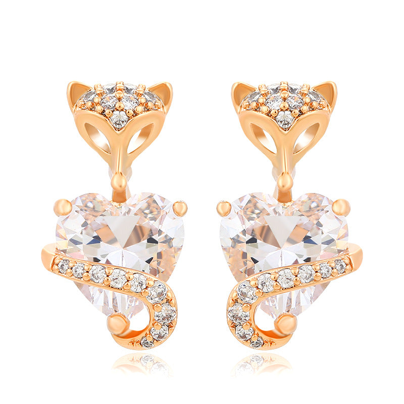 Cartoon Cute Little Fox with Zirconium Heart Earrings