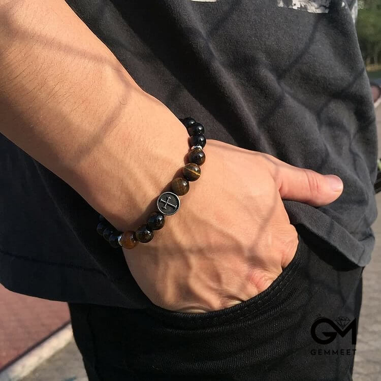 Tiger Eye Beaded Men Cross Bracelet
