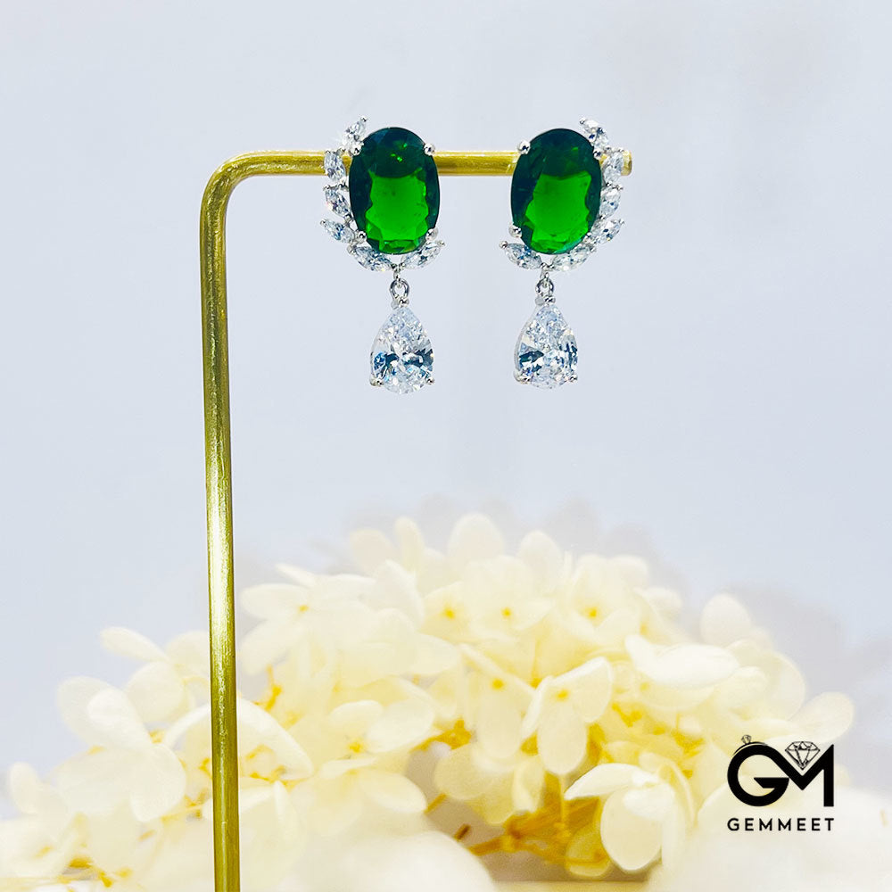 Oval Green Stone Half Moon White Stone Drop Earrings