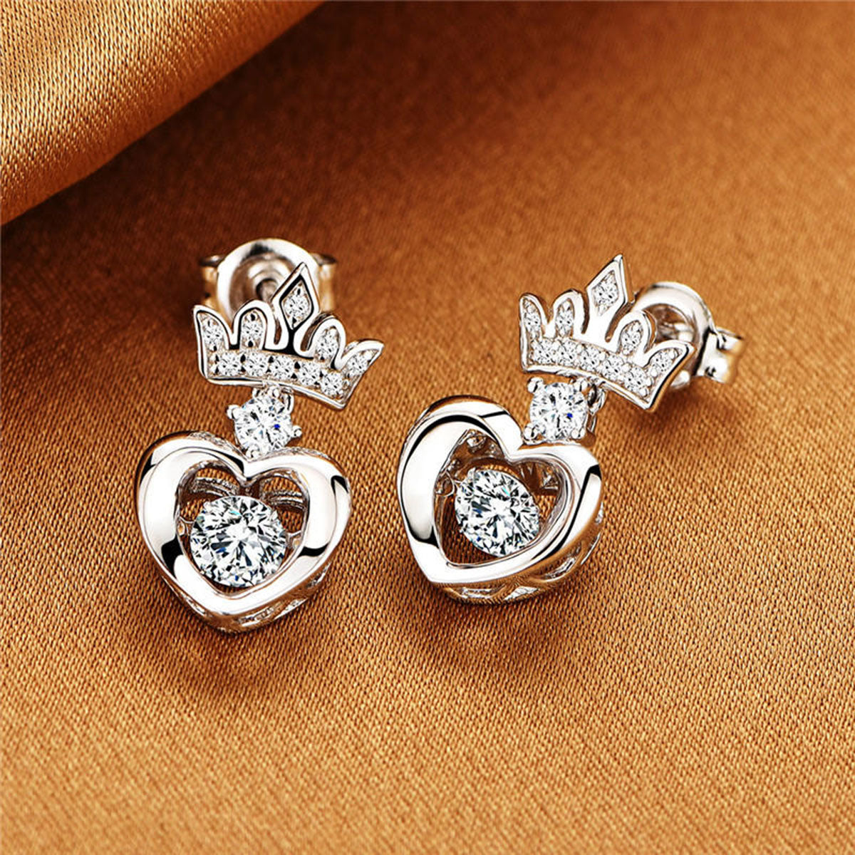 White Gold Crown Beating Heart Hollow Drop Earrings