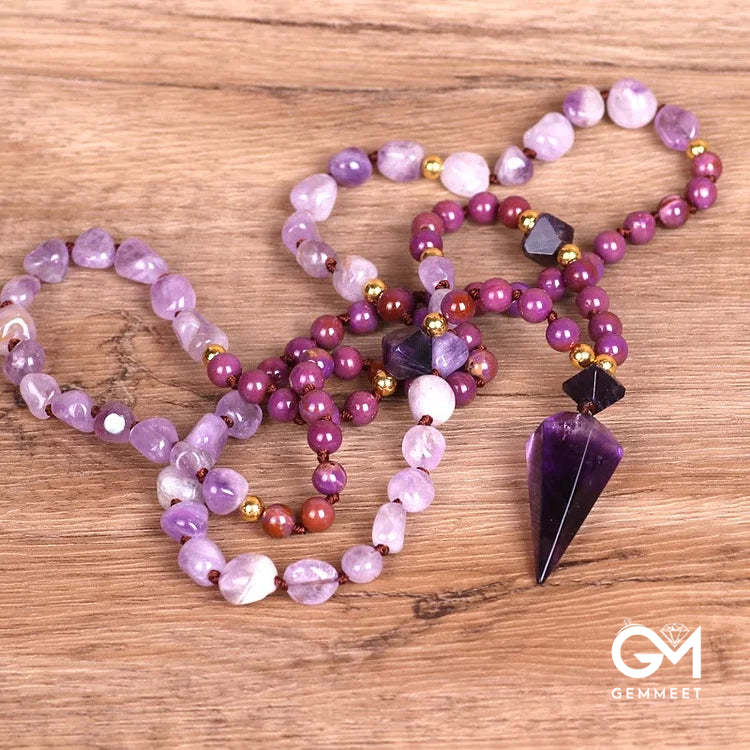 Purple Jade Amethyst Beaded Mala Necklace