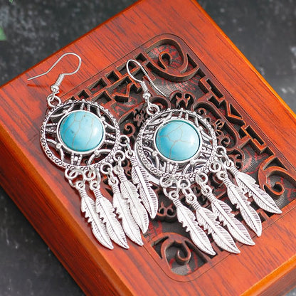 Turquoise Color Silver Feather Tassel Earrings