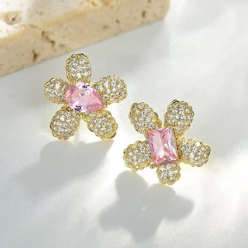 Micropaved CZ Flower Asymmetric Stud Earrings