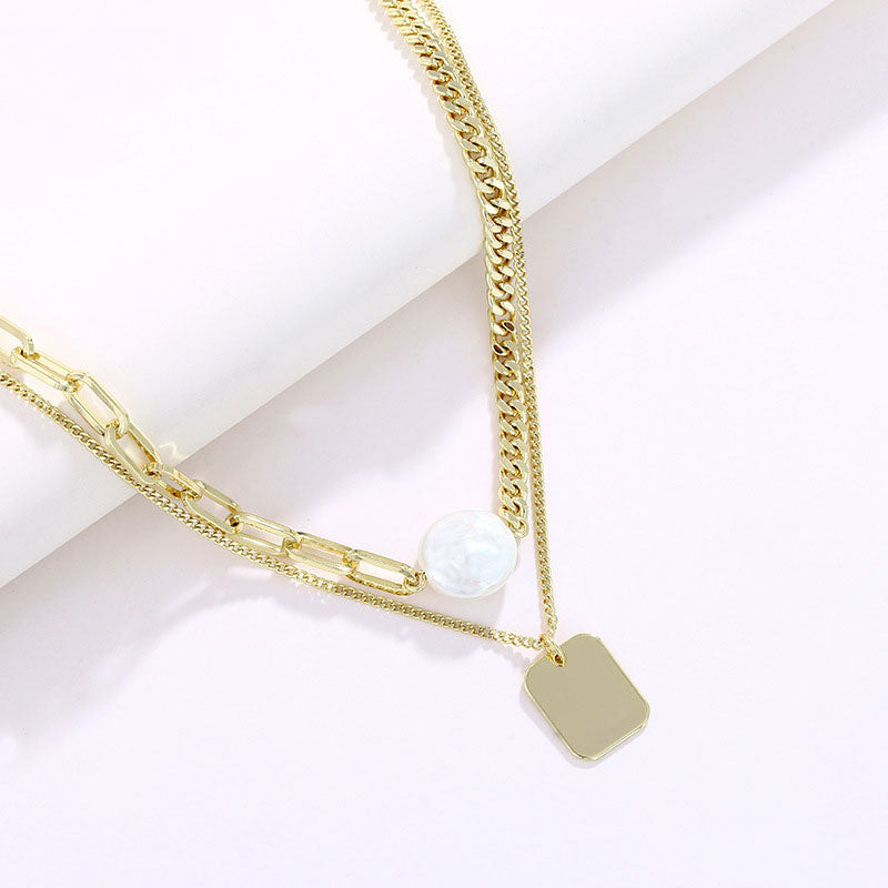 Metal Double Layer Necklace Women's Simple Long Style Baroque Style
