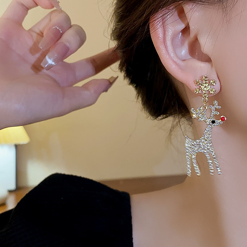Cute Full Stones Elk & Snowflake Drop Earrings