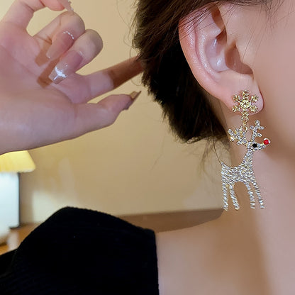 Cute Full Stones Elk & Snowflake Drop Earrings