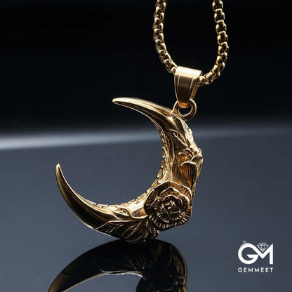 Crescent Moon With Rose Pendant Retro Necklace