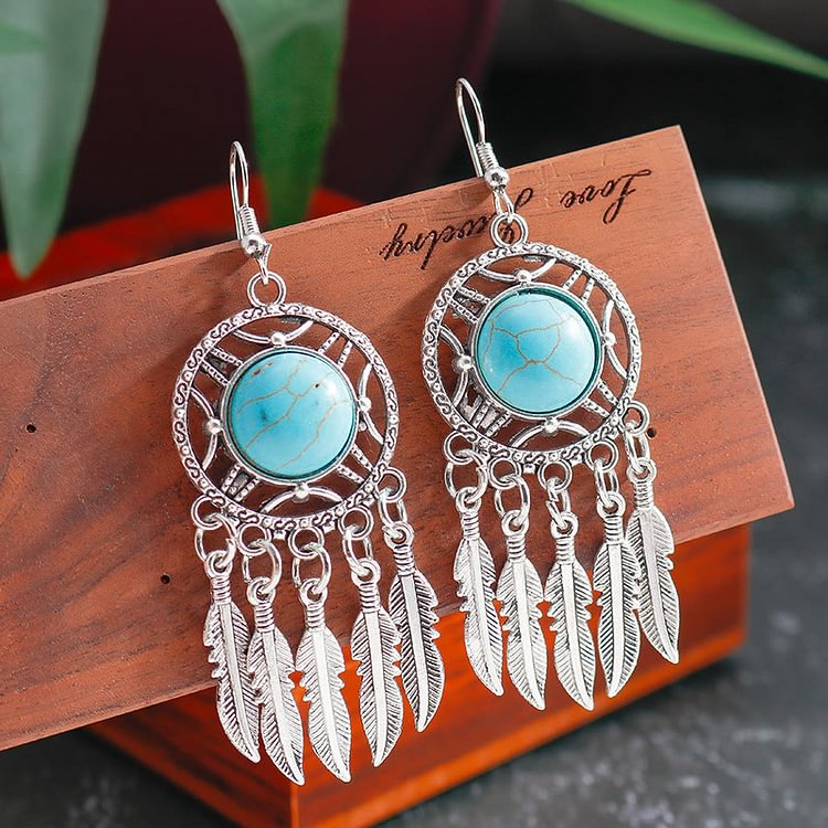 Turquoise Color Silver Feather Tassel Earrings