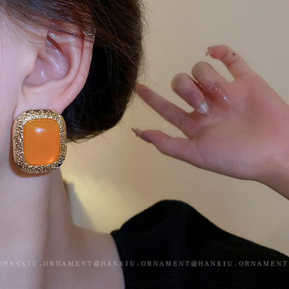 Silver Pin Square Resin Pleated Earrings