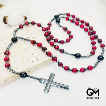 Pink Tiger Eye Cross Pandant Rosary Necklace