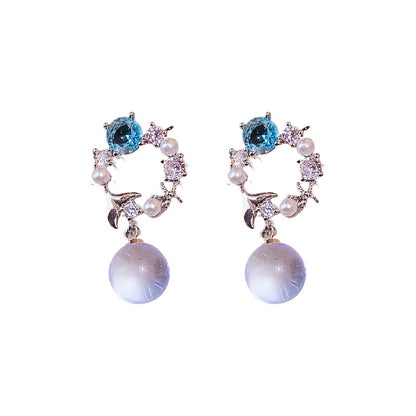 Silver Needle Zircon Fishtail Circle Earrings