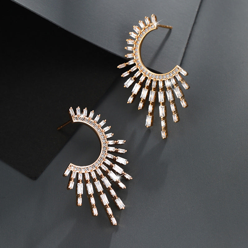 Sector-shaped Light Luxury Zircon Retro Earrings