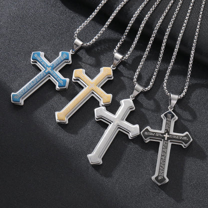 Layered Bible Cross Titanium Steel Pendant Necklace