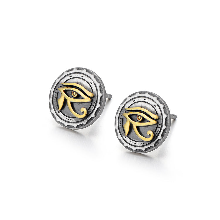 Round Golden Eye Of Horus Vintage Sterling Silver Stud Earrings