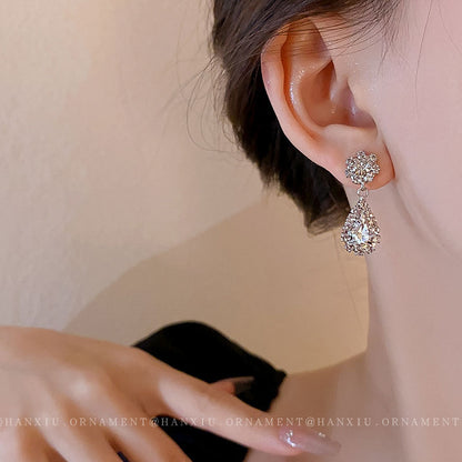 Silver Needle Zircon Water Drop Geometric Earrings