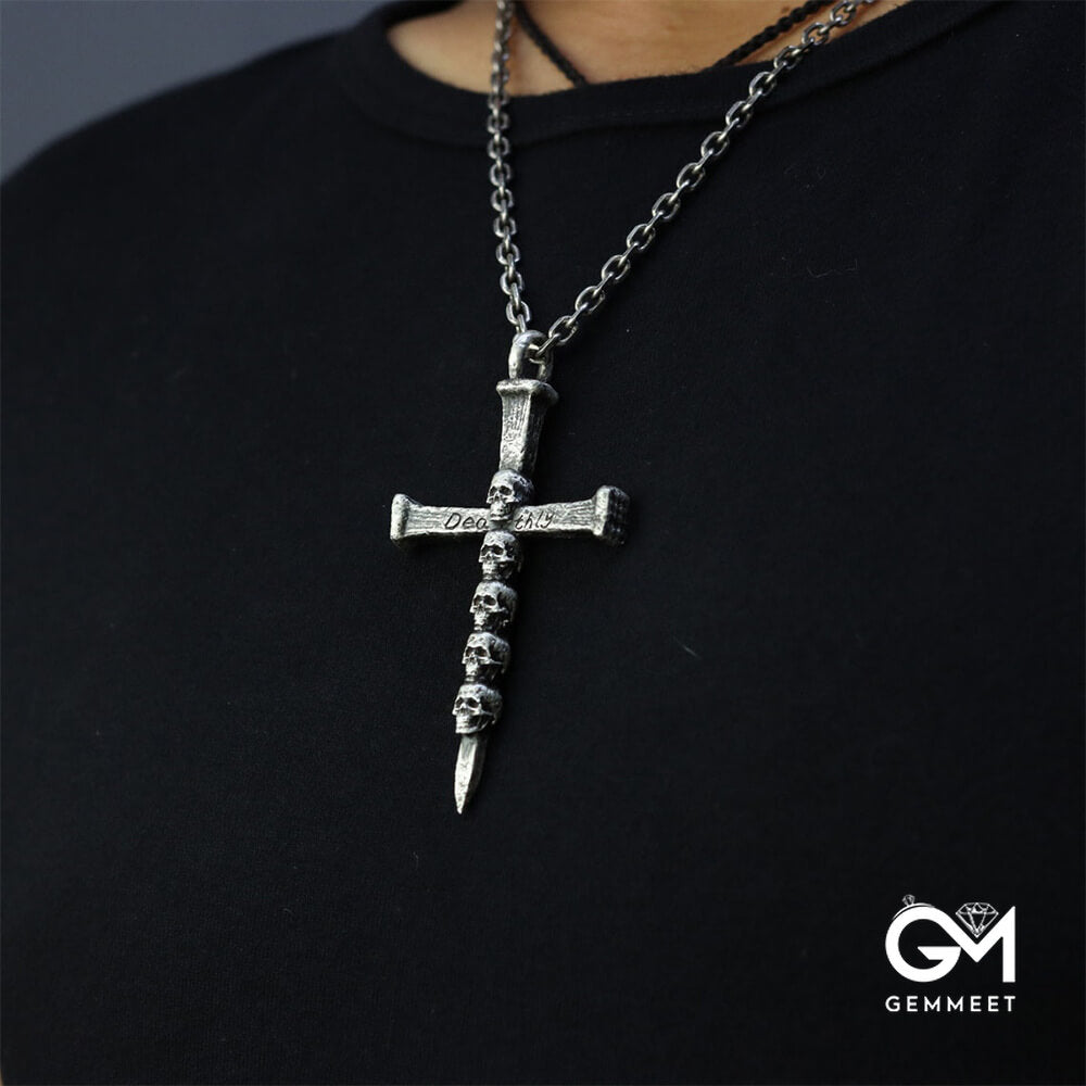 Punk Skull Nail Cross Pendant Necklace
