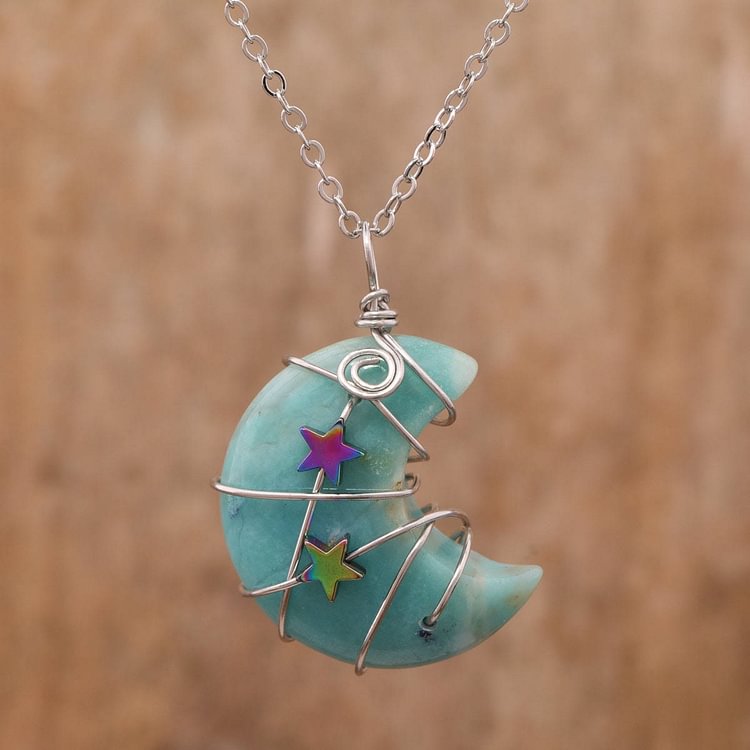 Quartz Crystal Moon Wire Wrapped Star Necklace