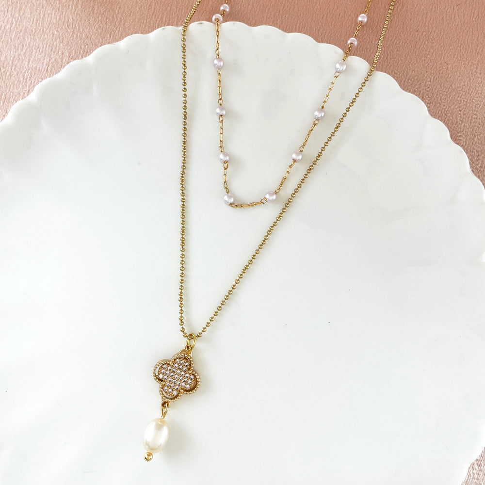 Pearl Copper Set Zirconium Four-leaf Clover Necklace
