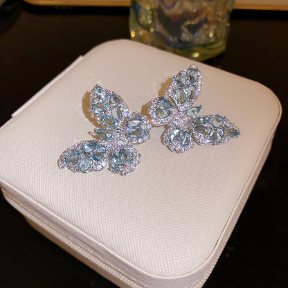 Silver Needle Zircon Butterfly Stud Earrings