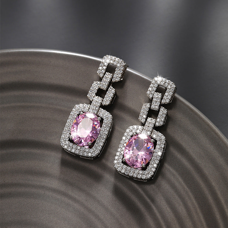 French Retro Square Full-set Zircon Large Gemstone Earrings