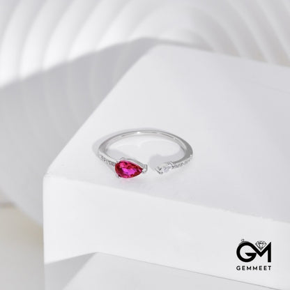 S925 Sterling Silver Rose Red Zircon Heart Open Ring