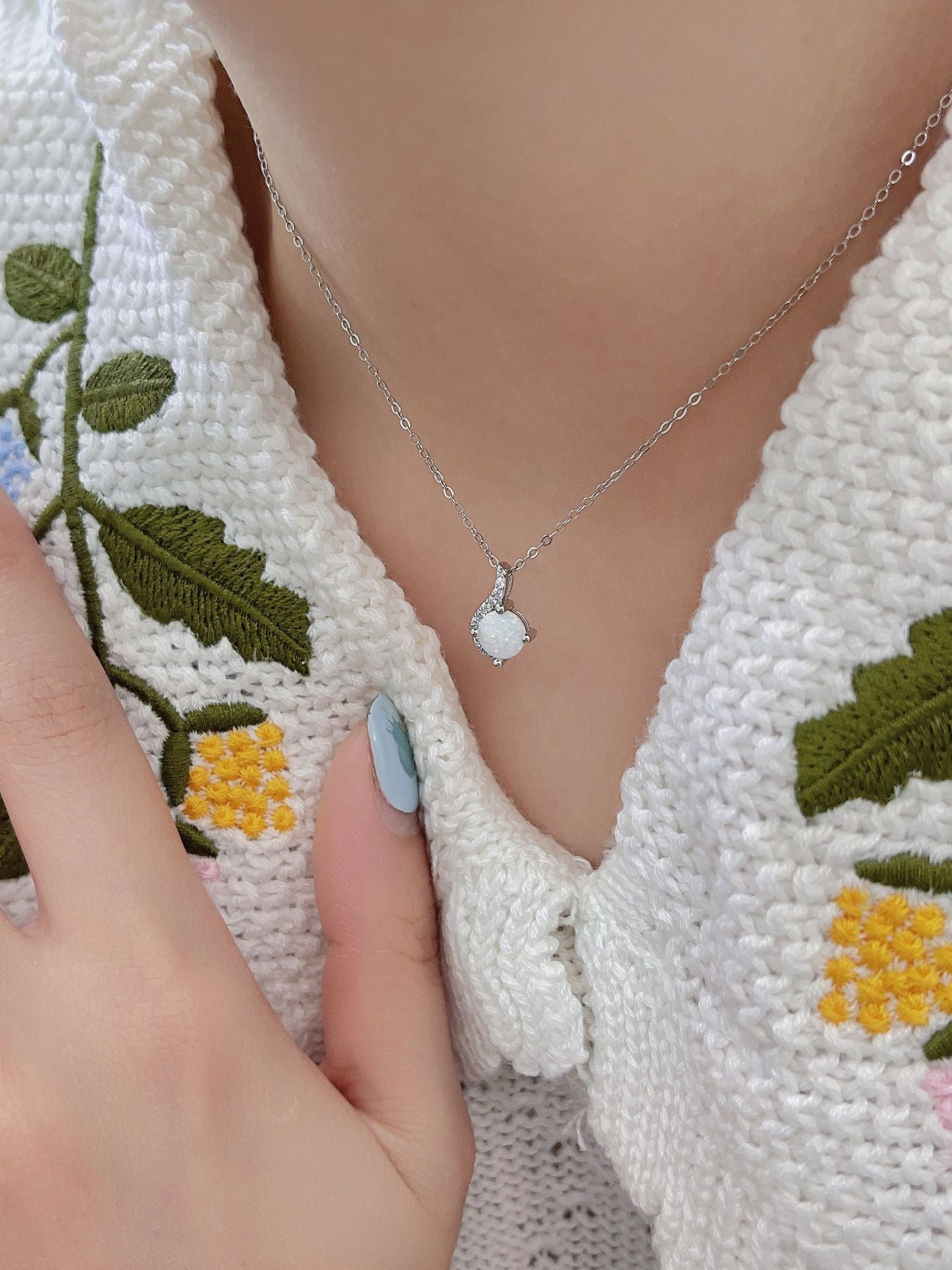 S925 Drip Round Opal Full Stones Necklace