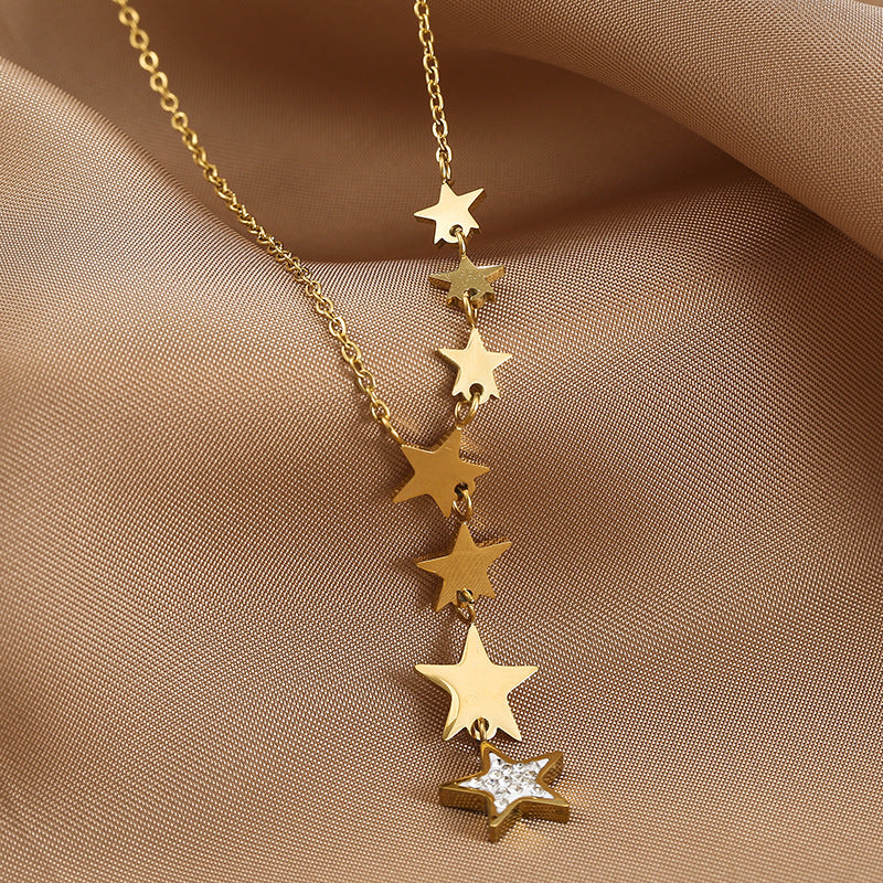 Gold Micro Diamond Six Stars Simple Titanium Steel Necklace