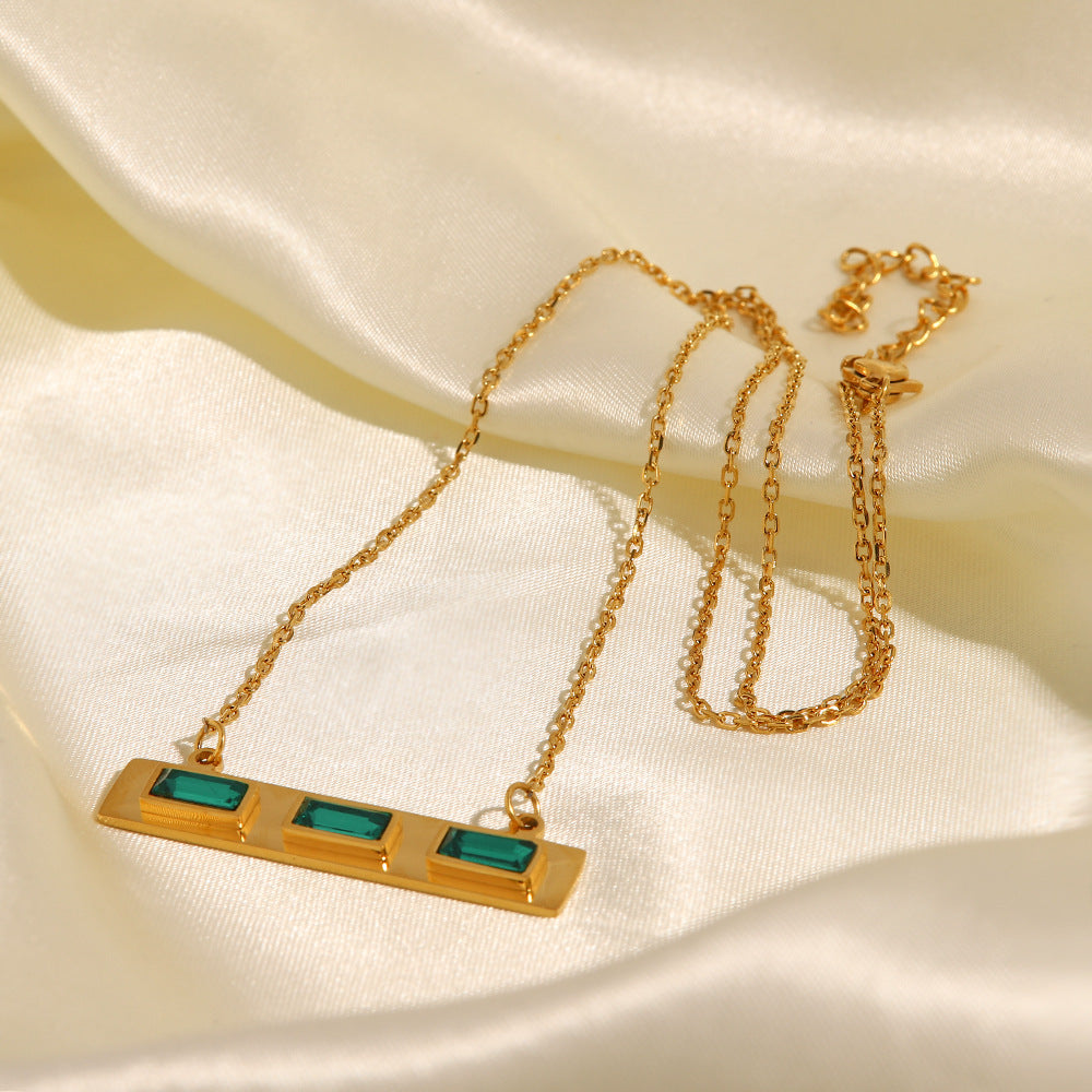 Stainless Steel Green Rectangular Zircon Necklace